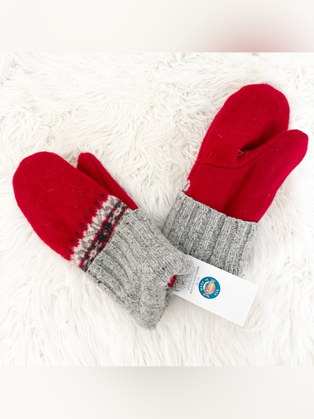 Cozy Red & Gray Knit Mittens with Ribbed Cuffs